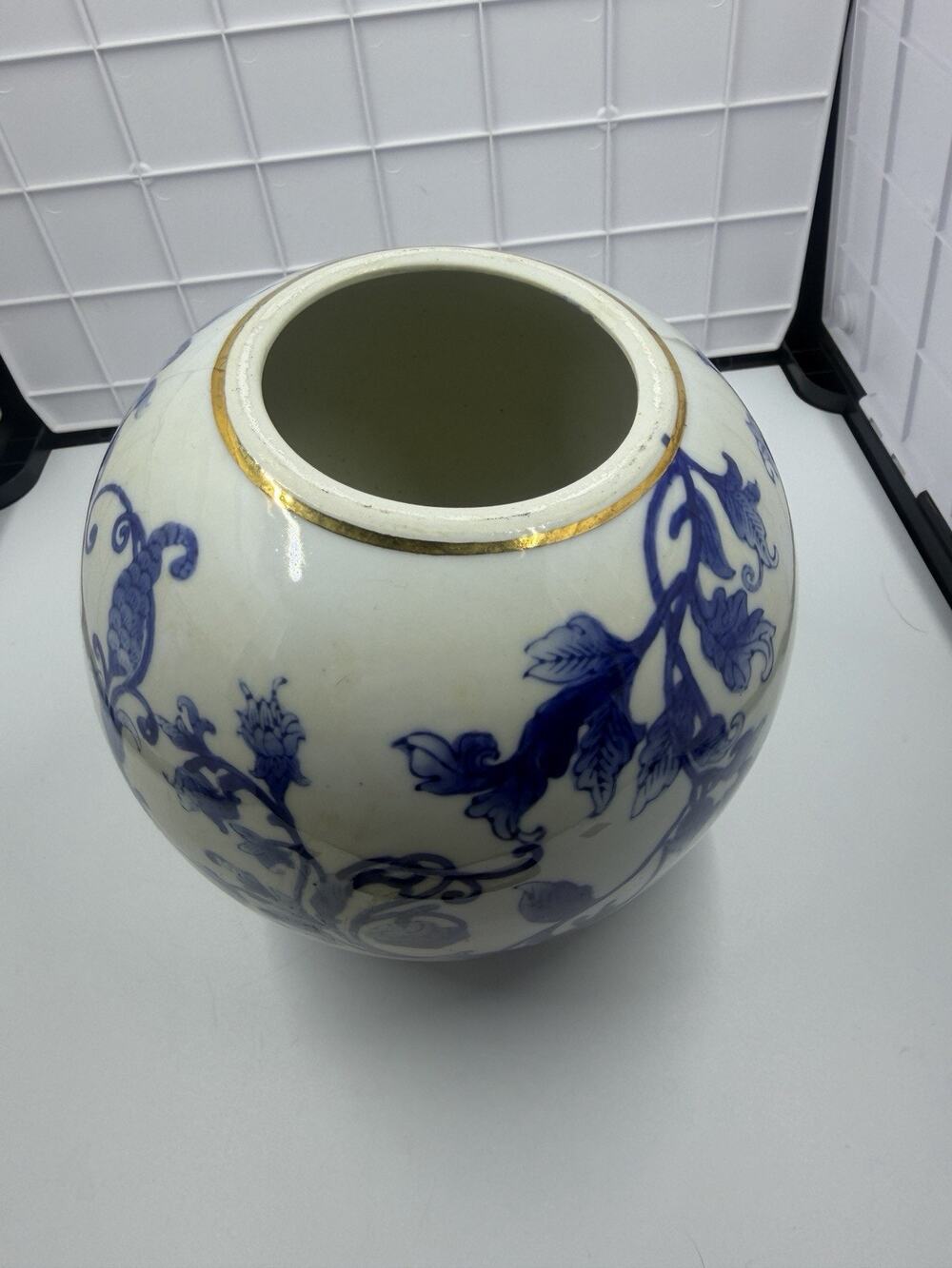 Round Vintage Chinoiserie Porcelain Jar or Vase, Blue White W/ Gold Rim, Floral